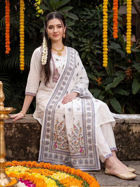 Indo Era White Embroidered Straight Kurta Trousers With Dupatta Set