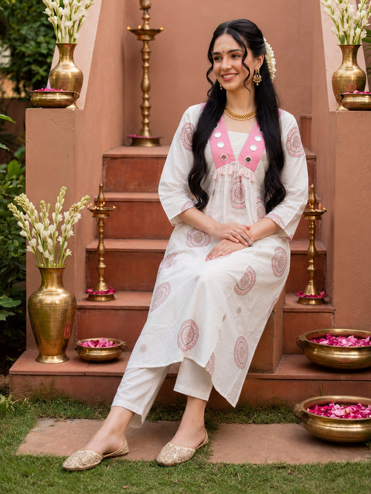 Indo Era White Printed Straight Kurta Trousers Set