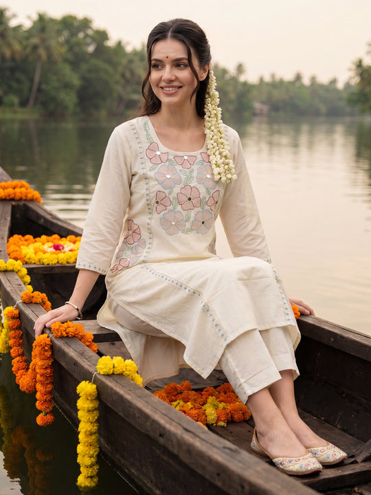 Indo Era White Embroidered Straight Kurta Trousers Set