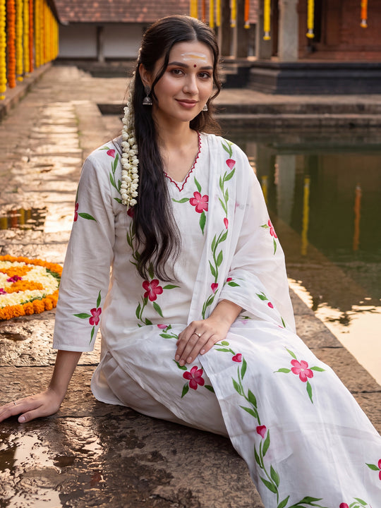 Indo Era White Printed Straight Kurta Trousers With Dupatta Set