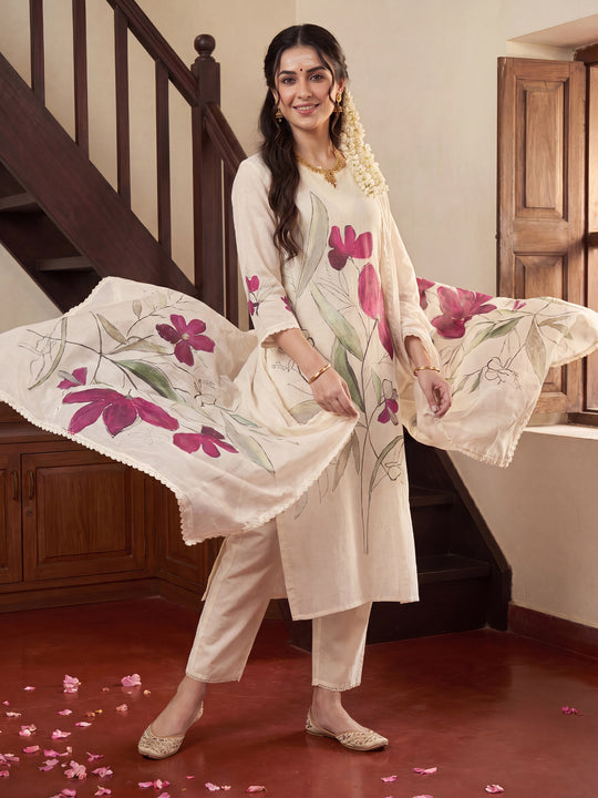 Indo Era Off White Printed Straight Kurta Trousers With Dupatta Set