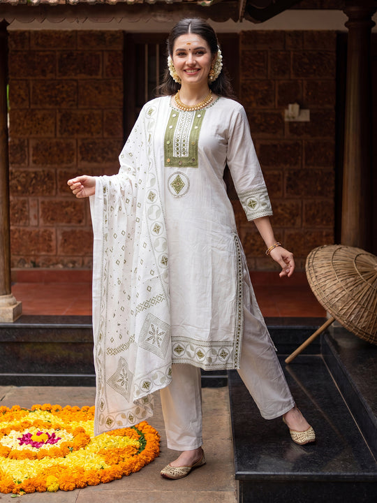 Indo Era White Embroidered Straight Kurta Trousers With Dupatta Set