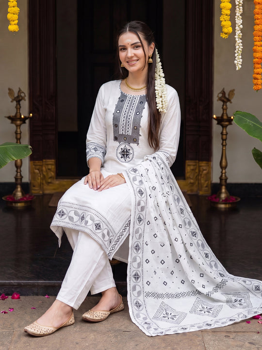 Indo Era White Embroidered Straight Kurta Trousers With Dupatta Set