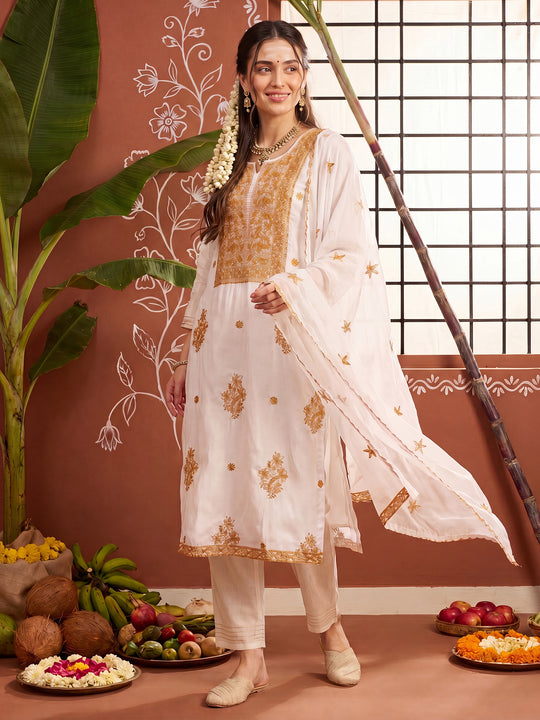 Indo Era White Embroidered Straight Kurta Trousers With Dupatta set