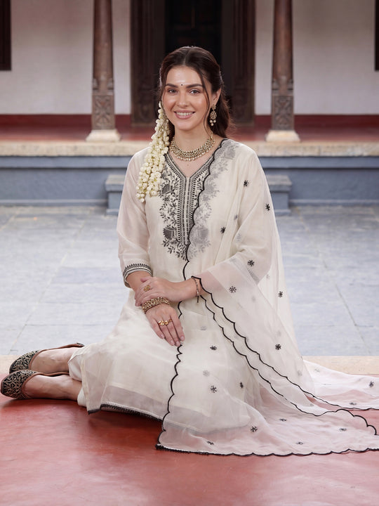 Indo Era White Embroidered Straight Kurta Trousers With Dupatta set