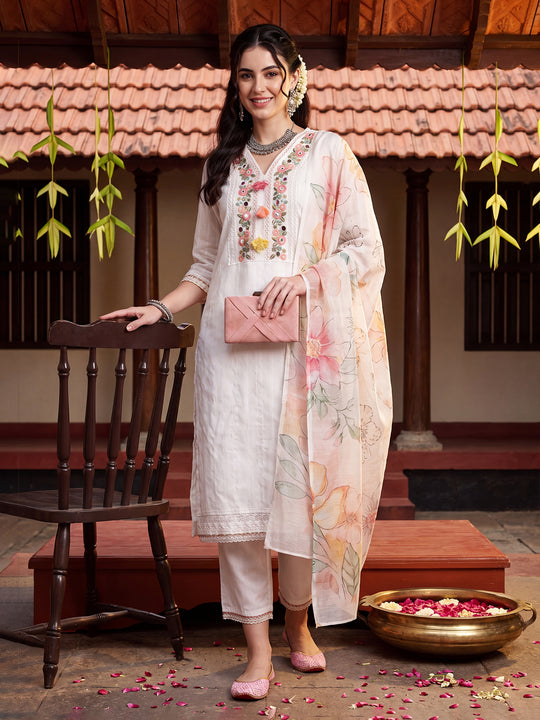 Indo Era Off White Embroidered Straight Kurta Trousers With Dupatta set