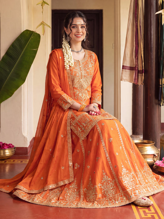 Orange Embroidered Chinon Straight Kurta Skirt With Dupatta