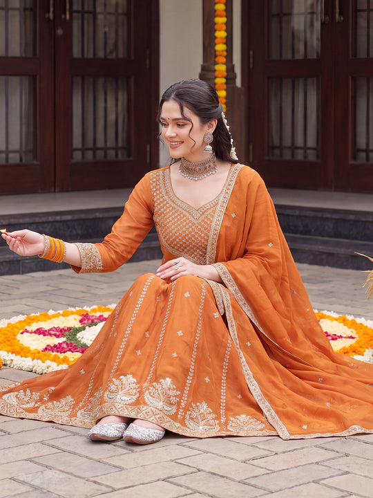 Orange Embroidered Chinon Straight Kurta Skirt With Dupatta