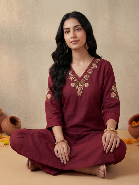 Indo Era Red Embroidered Straight Kurta Trousers Set