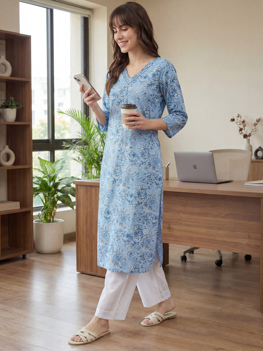 Blue Printed Cotton Floral Straight Kurtas