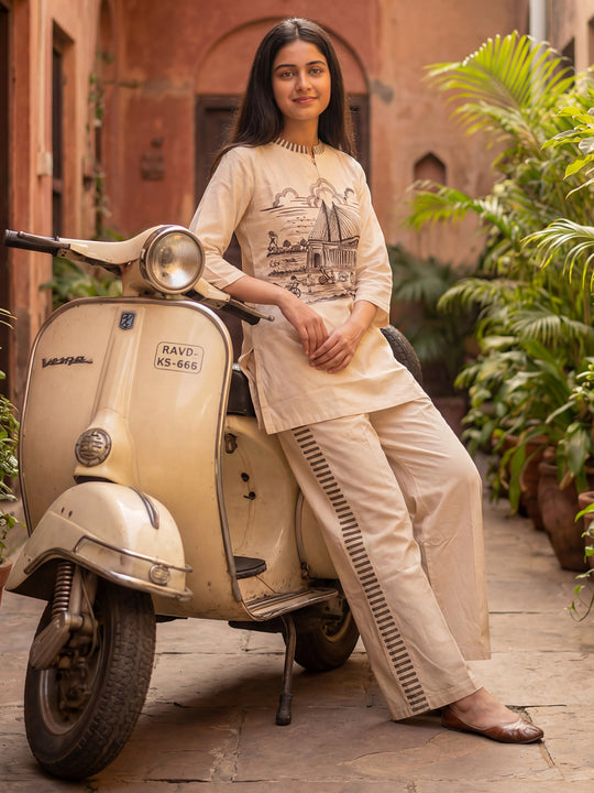 Indo Era White Printed A-Line Kurta Palazzos set