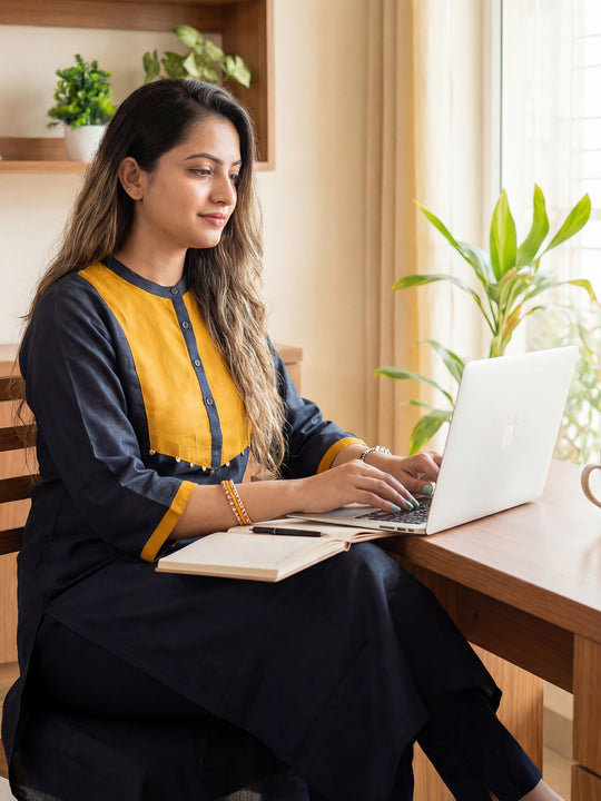 Indo Era Black Solid A-Line Kurta Trousers set