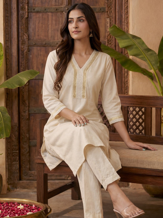 Indo Era Off White Solid Straight Kurta Trousers set