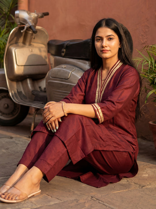 Indo Era Brown Solid Straight Kurta Trousers set