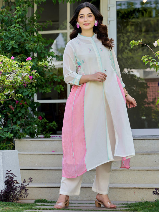 White Embroidered Pure Cotton A-Line Kurta Trousers Set