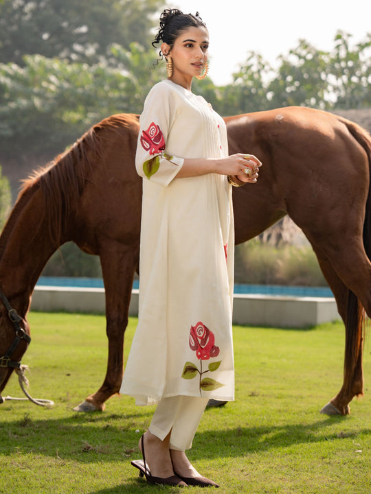 Indo Era Off White Printed A-Line Kurta Trousers  Set