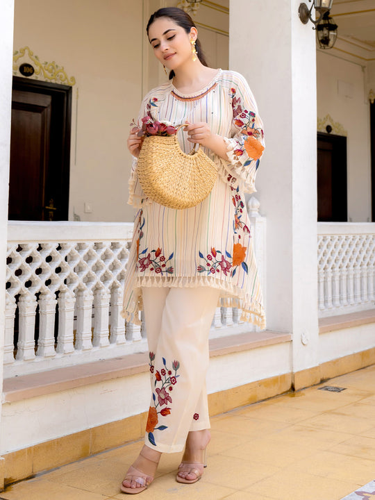 Indo Era Off White Embroidered A-Line Kurta Palazzos  Set