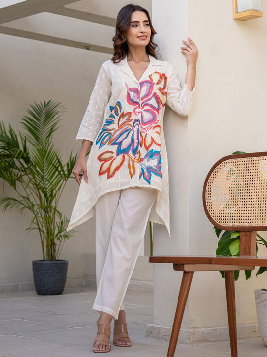 Indo Era Off White Printed A-Line Kurta Trousers  Set