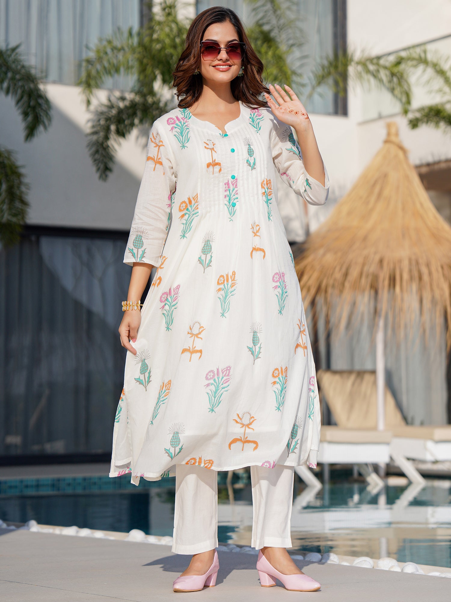 indo era, suit, kurta set for women, indo era kurta, kurta sets for ladies, summer dresses for women, 3 piece suit, cotton kurta set for women, new arrivals, women kurti plazo set, women in suit, kurta suit, floral kurta, short suit, spring summer, Off White suit