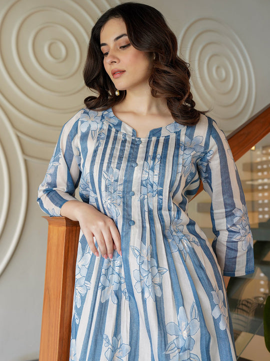 Indo Era Blue Printed A-Line Kurta Trousers Set