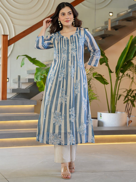 Indo Era Blue Printed A-Line Kurta Trousers Set