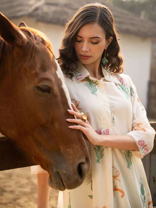 Indo Era Off White Printed A-Line Kurta Trousers  Set