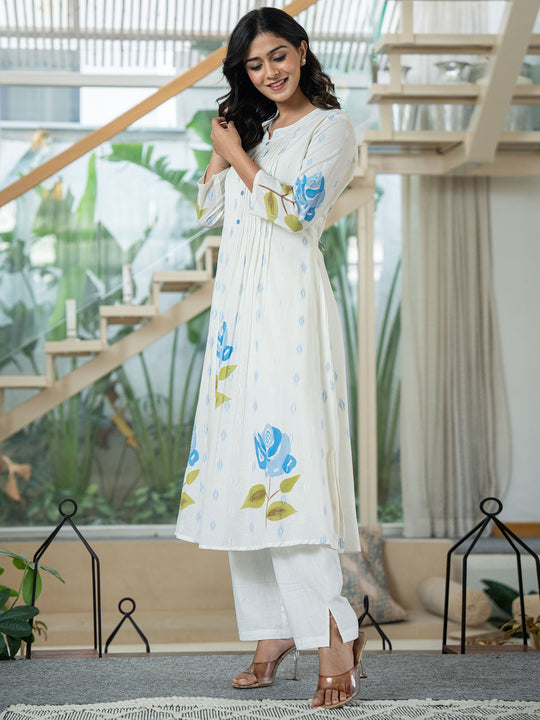 Indo Era White Printed A-Line Kurta Trousers set
