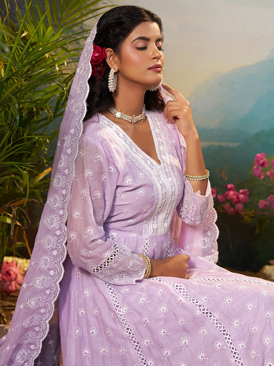 Indo Era Lavender Embroidered Anarkali Kurta Trousers With Dupatta Set
