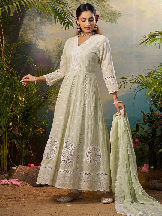 Indo Era Green Embroidered Anarkali Kurta Trousers With Dupatta Set