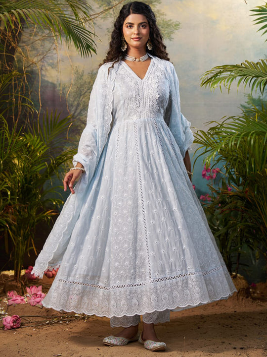 Blue Embroidered Pure Cotton Anarkali Set