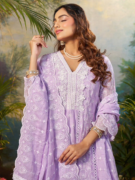 Lavender Embroidered Pure Cotton Anarkali Kurta Sets With Dupatta