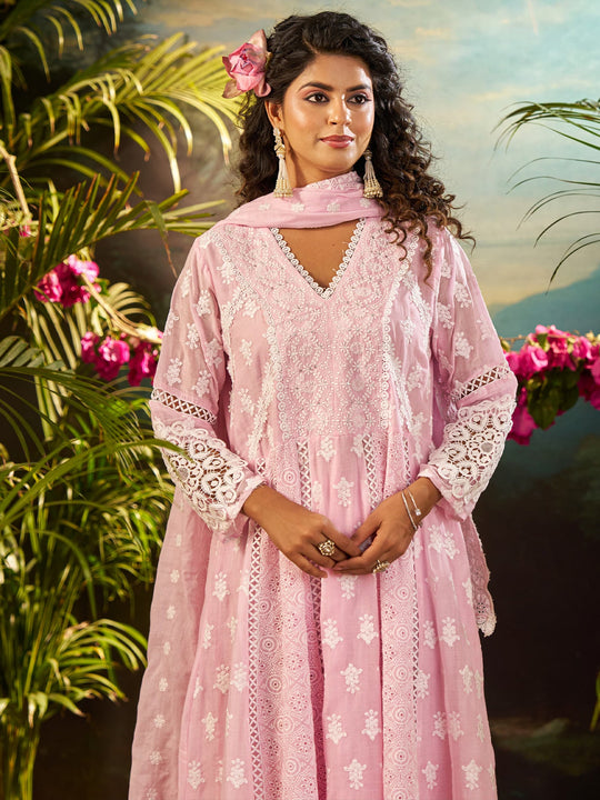 Pink Embroidered Pure Cotton Anarkali Kurta Sets With Dupatta