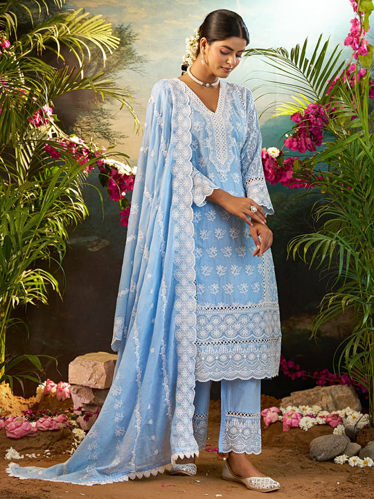 Blue Embroidered Pure Cotton Straight Kurta Sets With Dupatta