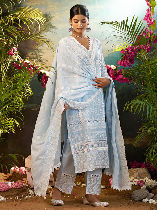 Blue Embroidered Pure Cotton Straight Kurta Sets With Dupatta