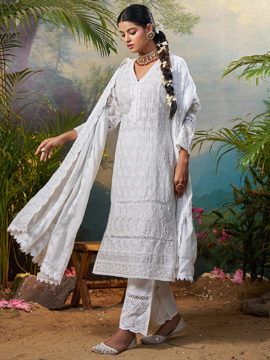 Grey Embroidered Straight Pure Cotton Suit Set With Dupatta