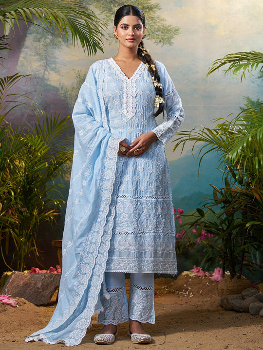 Blue Embroidered Straight Pure Cotton Suit Set With Dupatta