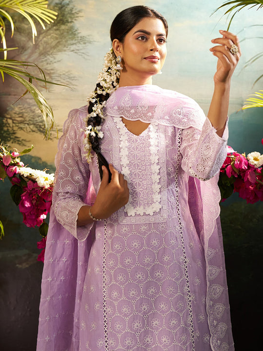 Purple Embroidered Pure Cotton Straight Kurta Sets With Dupatta