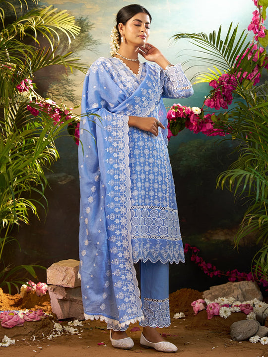 Blue Embroidered Pure Cotton Straight Kurta Sets With Dupatta