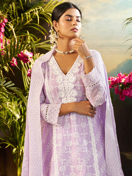 Purple Embroidered Pure Cotton Straight Kurta Sets With Dupatta