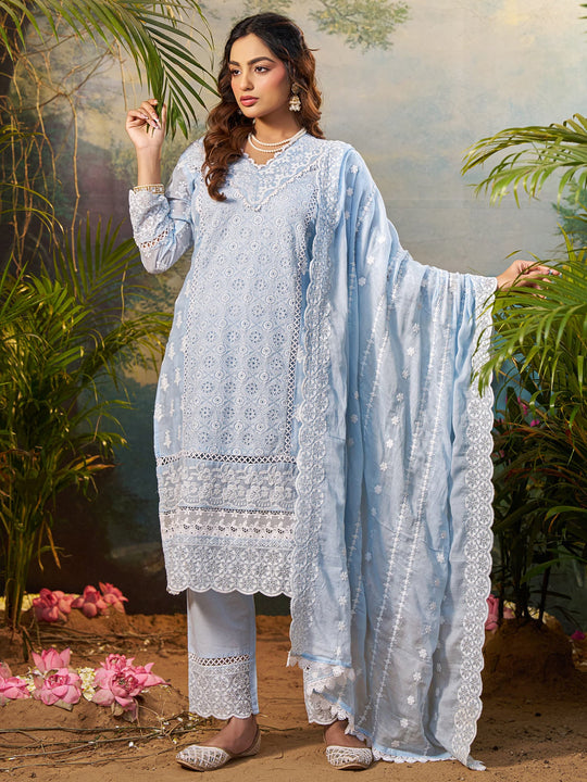 Blue Embroidered Straight Pure Cotton Suit Set With Dupatta