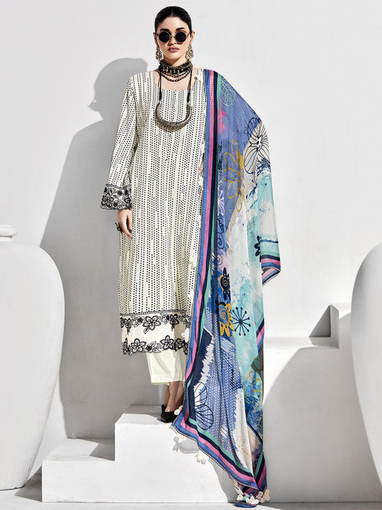 Indo era White Embroidered Straight Kurta Trousers With Dupatta Set