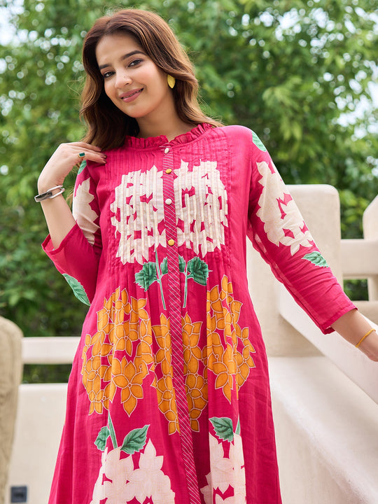 Pink Printed Pure Cotton A-Line Kurta Trousers Set