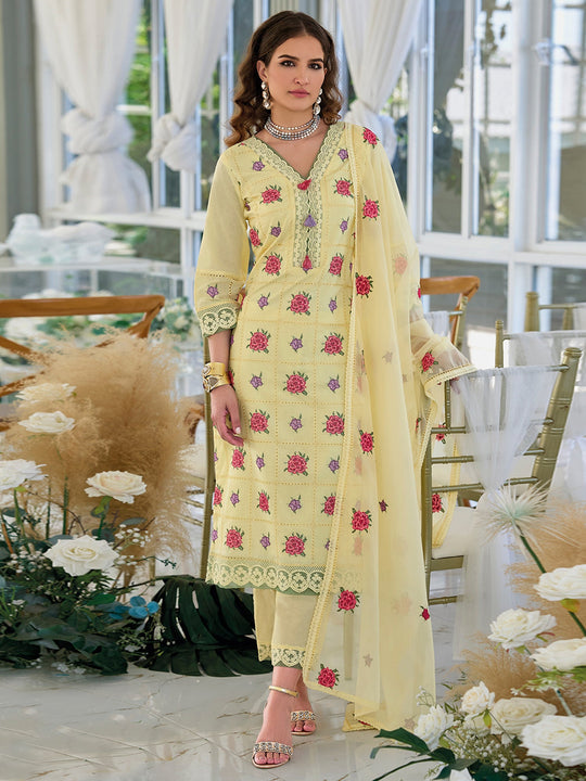 Indo Era Yellow Embroidered Straight Kurta Trousers With Dupatta Set