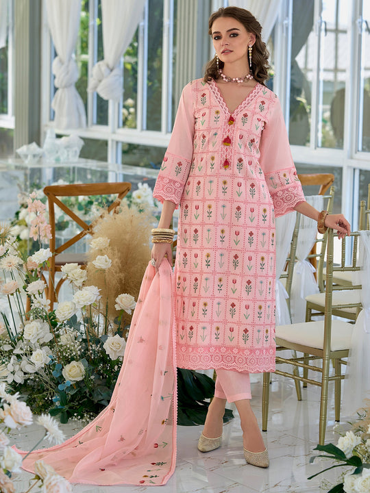 Indo Era Pink Embroidered Straight Kurta Trousers With Dupatta Set