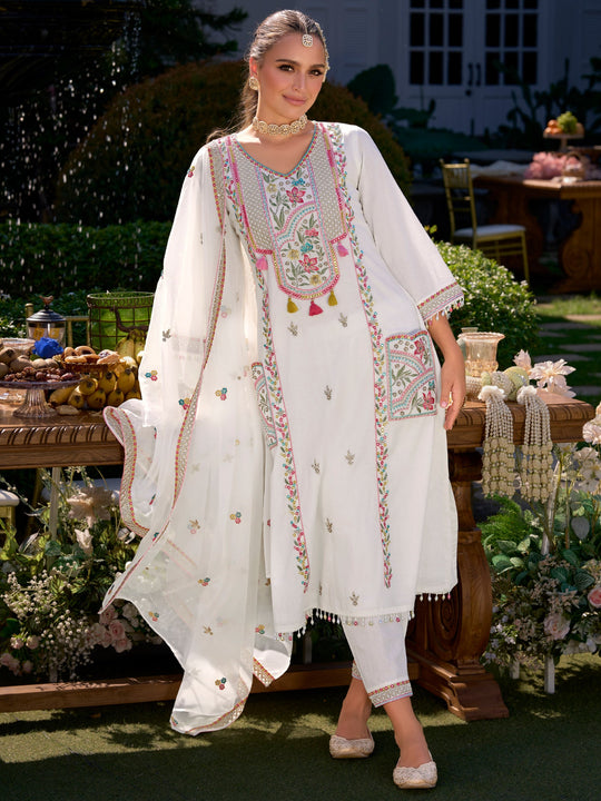 Off White Embroidered A-Line Kurta Trousers With Dupatta