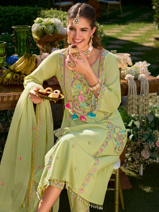 Indo Era Green Embroidered A-Line Kurta Trousers With Dupatta Set