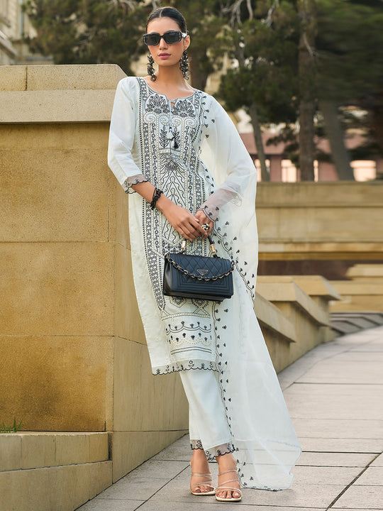 Indo Era White Embroidered Straight Kurta Trousers With Dupatta Set