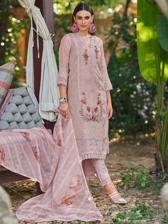 Pink Embroidered Straight Kurta Trousers With Dupatta