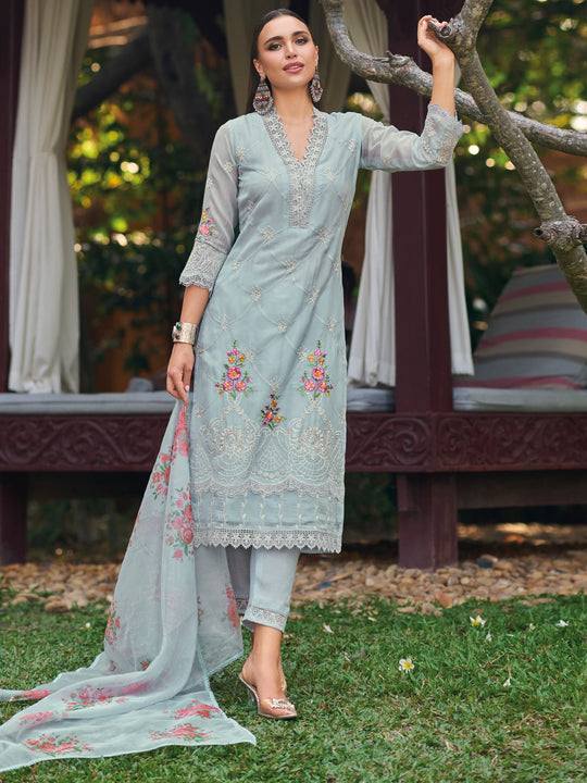 Blue Embroidered Straight Kurta Trousers With Dupatta Set
