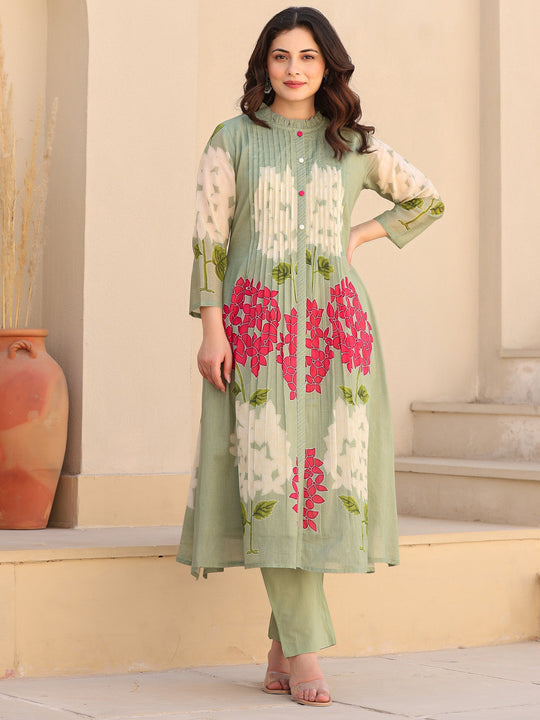 Green Printed Pure Cotton A-Line Kurta Trousers Set